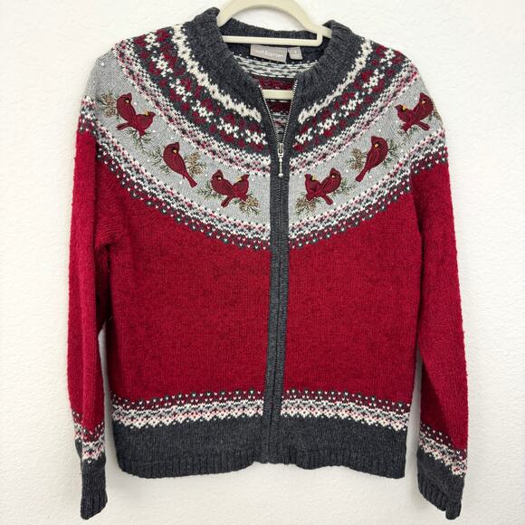 Croft & Barrow Women Cardigan Sweater Size S Cardinal Bird Embroider Holiday Red - Picture 1 of 8